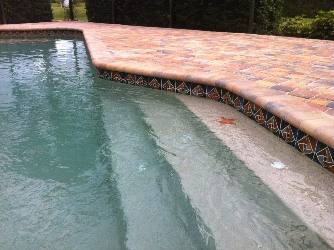Pool Renovations — refreshed pool with decorative geometric tile, brick paver deck, and custom mosaic accents by Pool Builder of Brevard